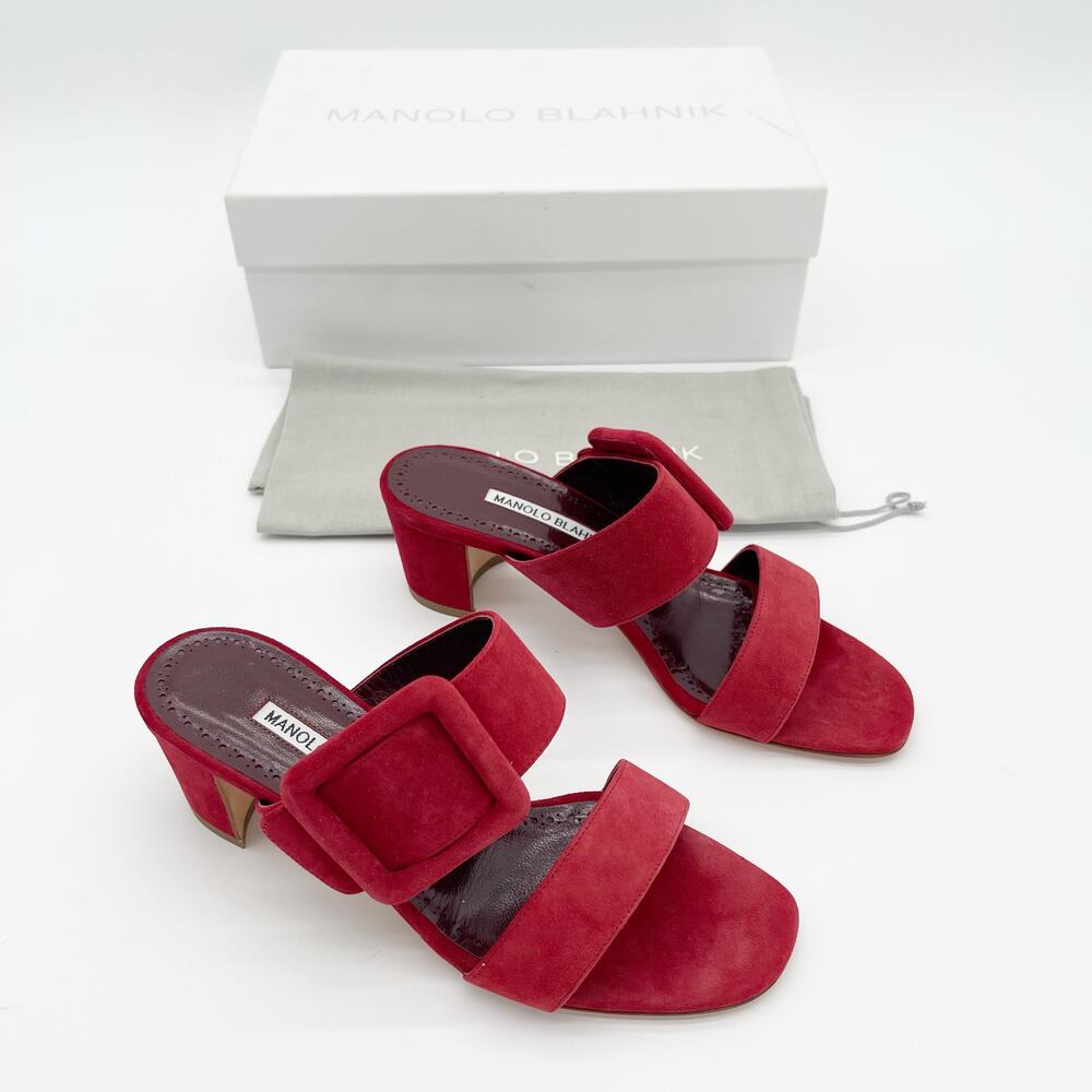 Manolo Blahnik Titubanew Red Suede Open Toe Buckle Mule Sandals Heels IT 37 - Picture 2 of 12